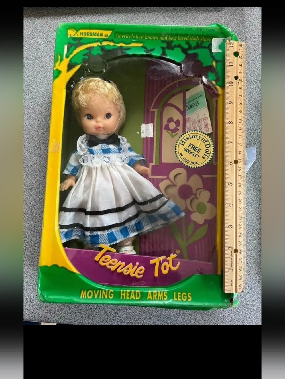 New. NRFB. Vintage Teensie Tot Blonde Doll in Blue & White Check Dress -